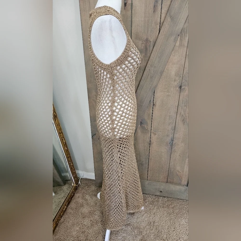 Zara Metallic Crochet Fishnet Midi Dress Gold Open Knit Cover Up Size Small - Picture 7 of 16